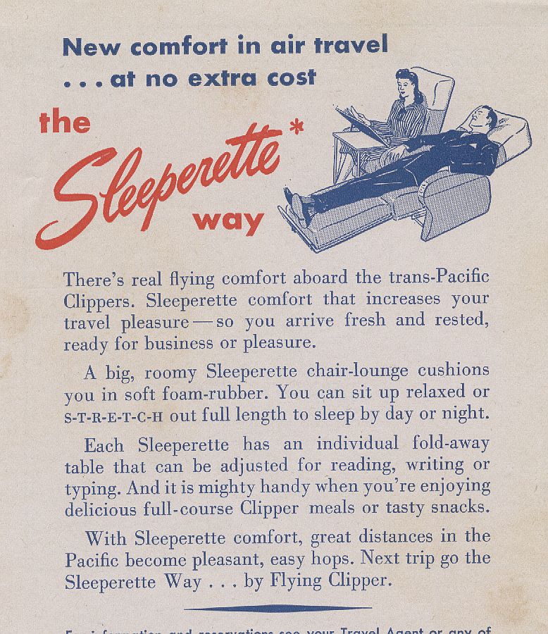 1948 An ad for Pan American's First Class Sleeperette seats from a timetable.